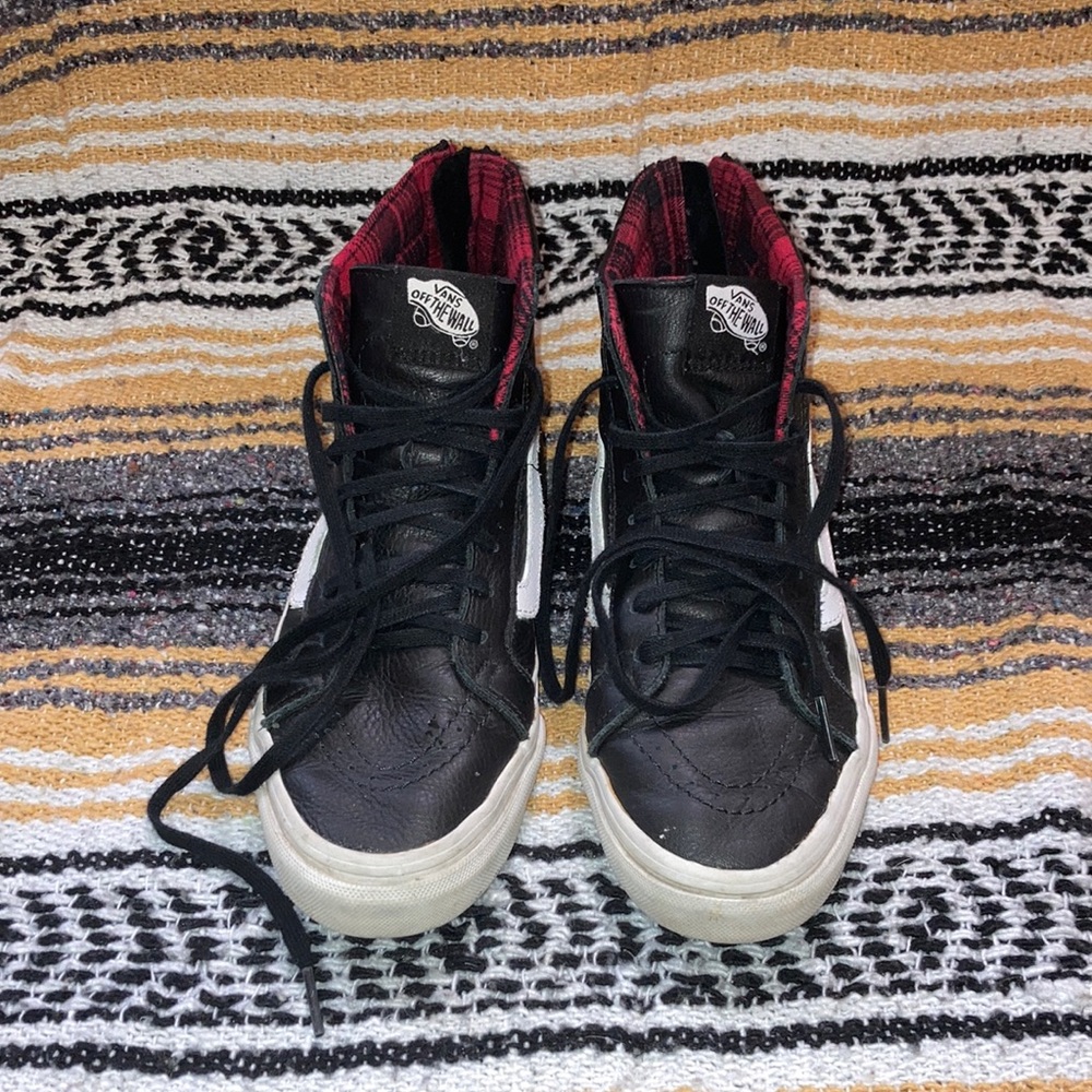 SOLD Black leather vans with red plaid interior, size 6